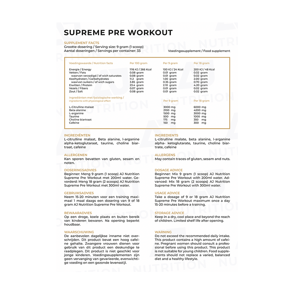 AJ Nutrition Supreme Pre Workout Fact