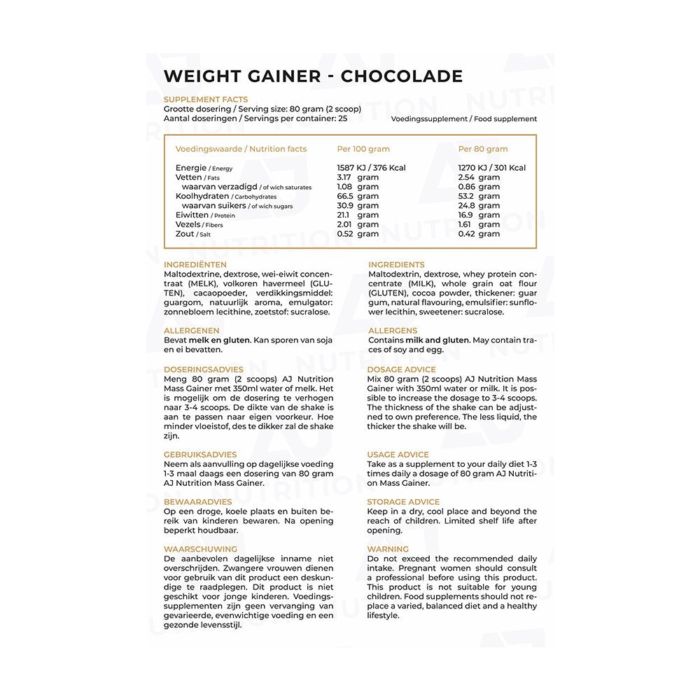 AJ Nutrition Weight Gainer Chocolade Fact