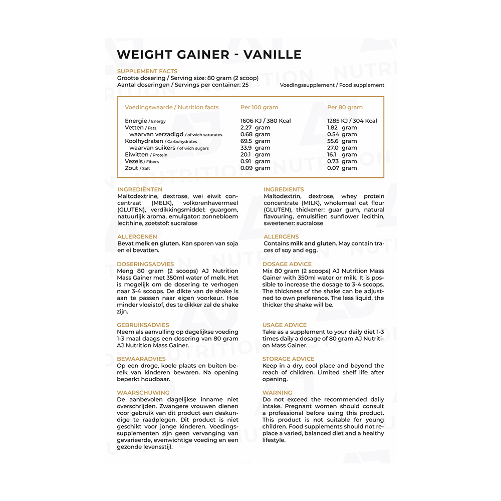 AJ Nutrition Weight Gainer Vanille Fact