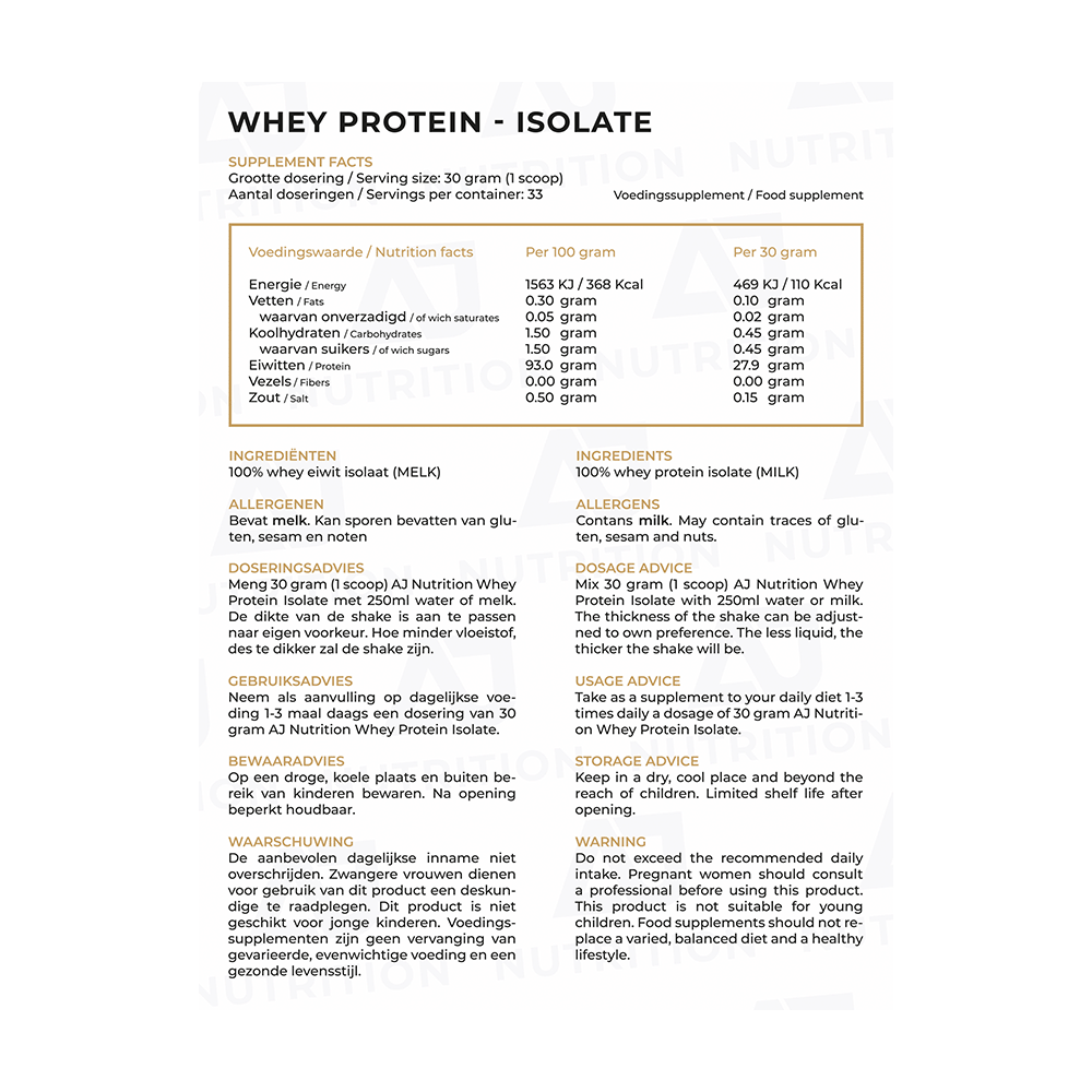 AJ Nutrition Whey Protein Isolate Fact